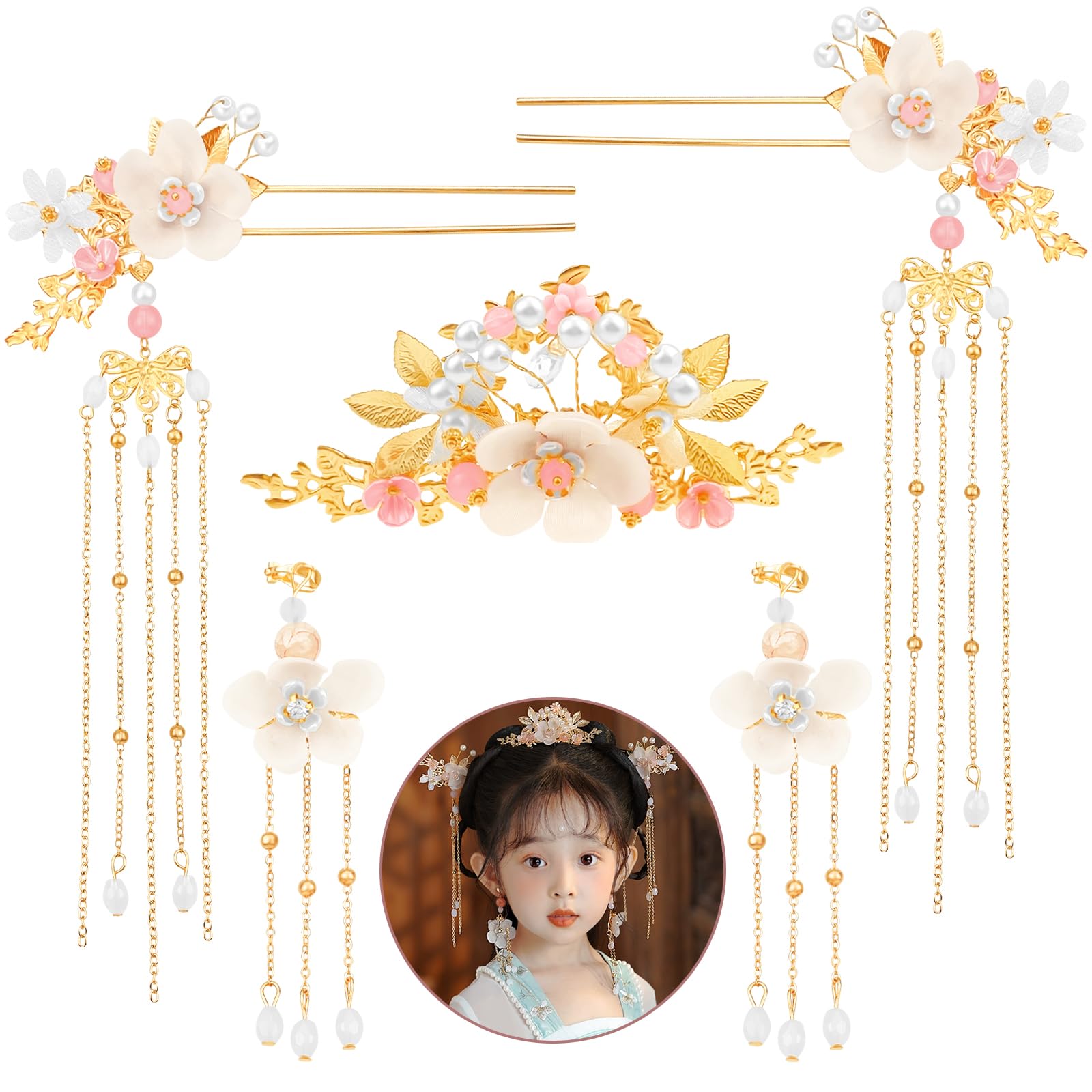 5 Pcs Flower Chinese Tassel Hair Stick Crystal Pearl Hanfu Hair Pins Classical Floral Bride Wedding Accessories for Women