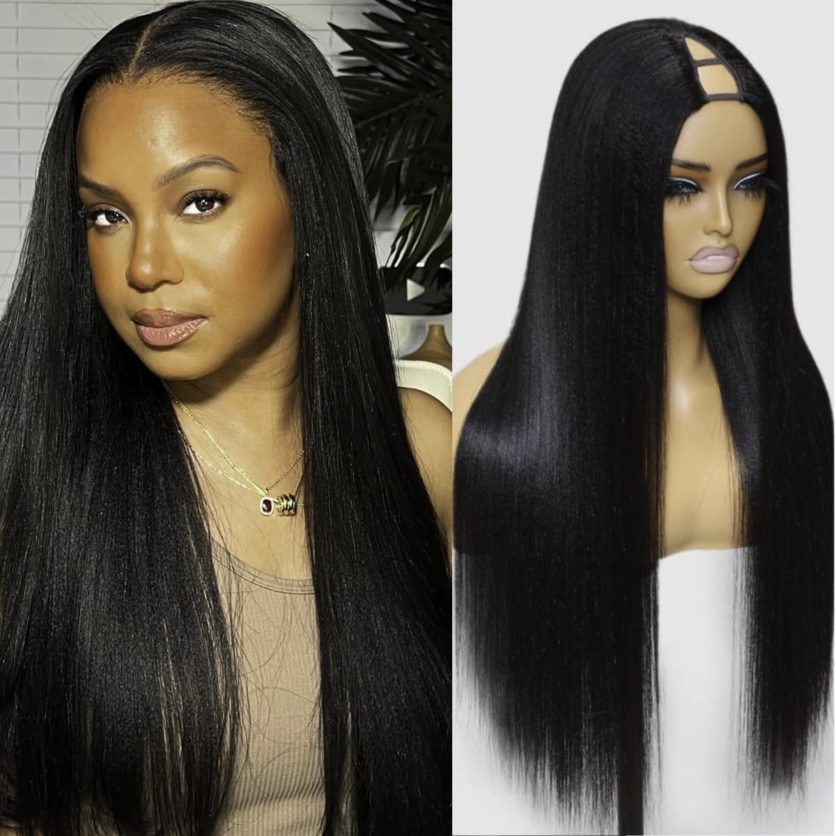 Nadula V Part Wig Yaki Straight Human Hair No Leave Out Glueless Upgraded U Part Wigs for Women,10A Yaki Straight V-part Wigs V 