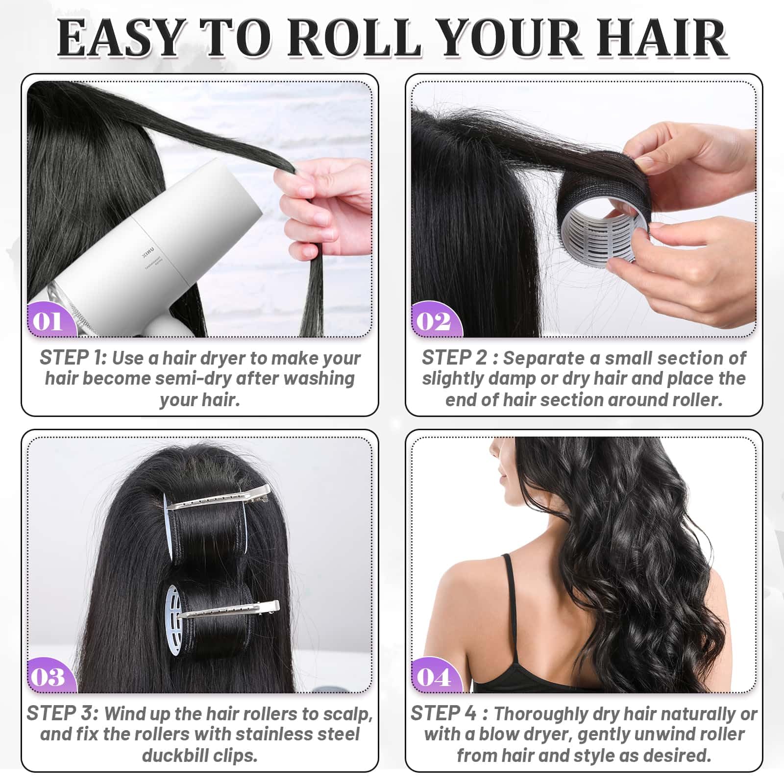 Big Self-Grip Hair Curlers Rollers With Stainless Steel Duckbill Clips For Long, Medium, Thick Hair And Bangs Volume (Black)