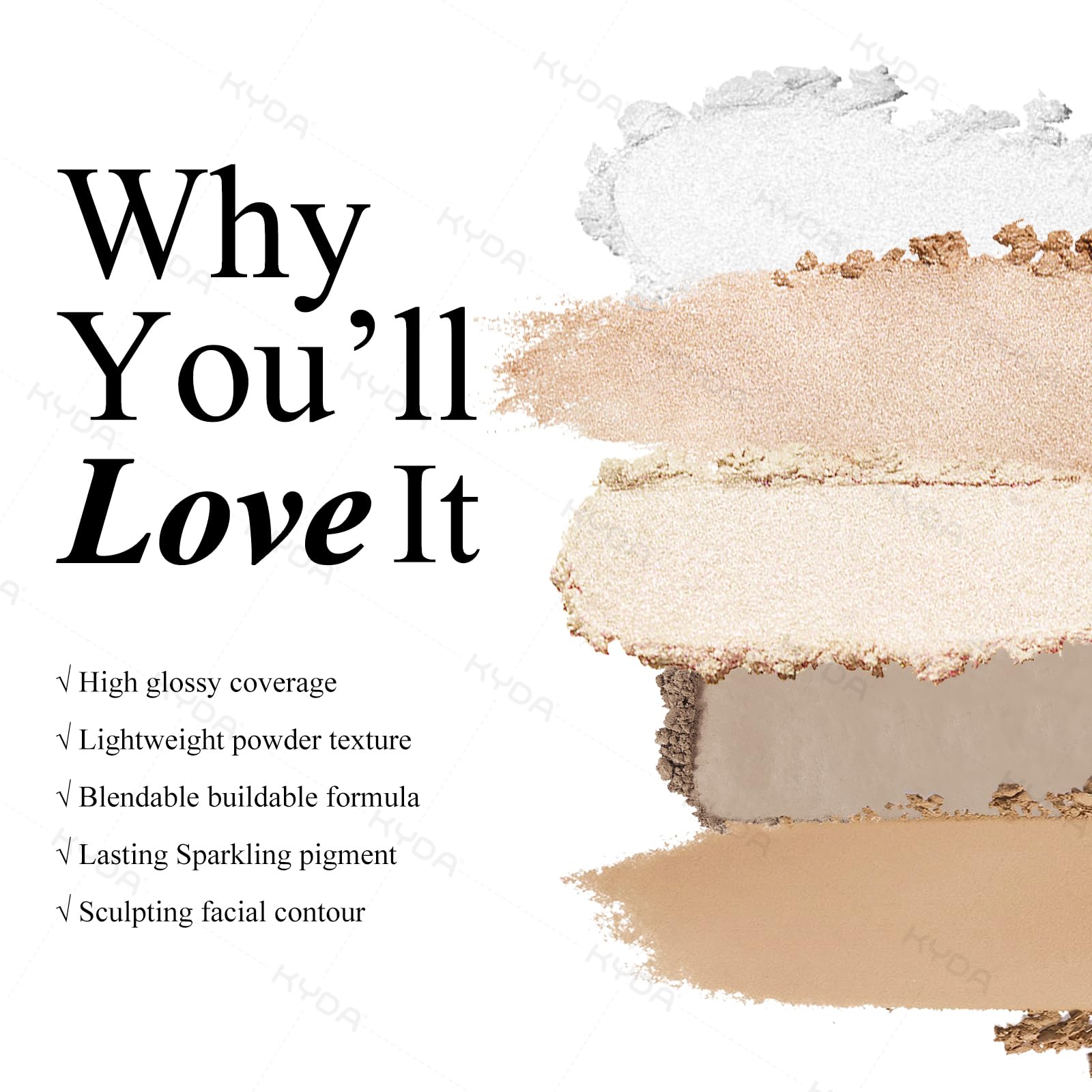 KYDA Face Highlighter Palette, High Glossy Face Illuminator Palette, Natural Glow Finish, Pearl Shimmer Smooth Baked Powder, Las