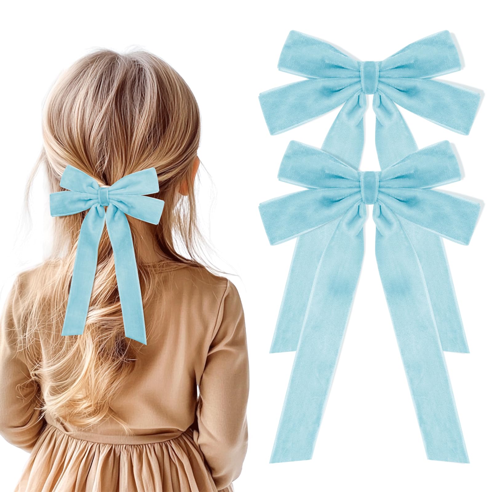2PCS Blue Hair Bows Soft Velvet Bow Hair Clip with Long Tail Hair Accessories for Women Girls Toddlers