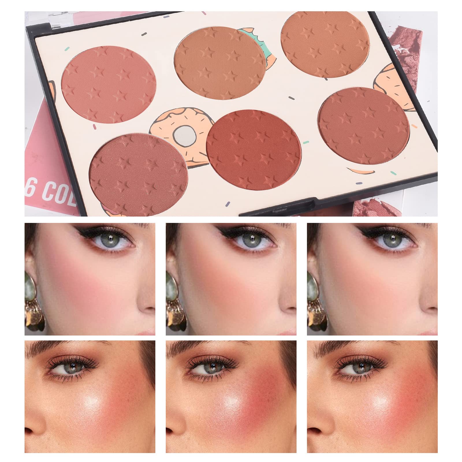Kyda 6 Colors Face Blush Palette, Matte Shimmer Blush Palette, Smooth Blendable Powder Blush, Contour Highlighter Blush Multiuse