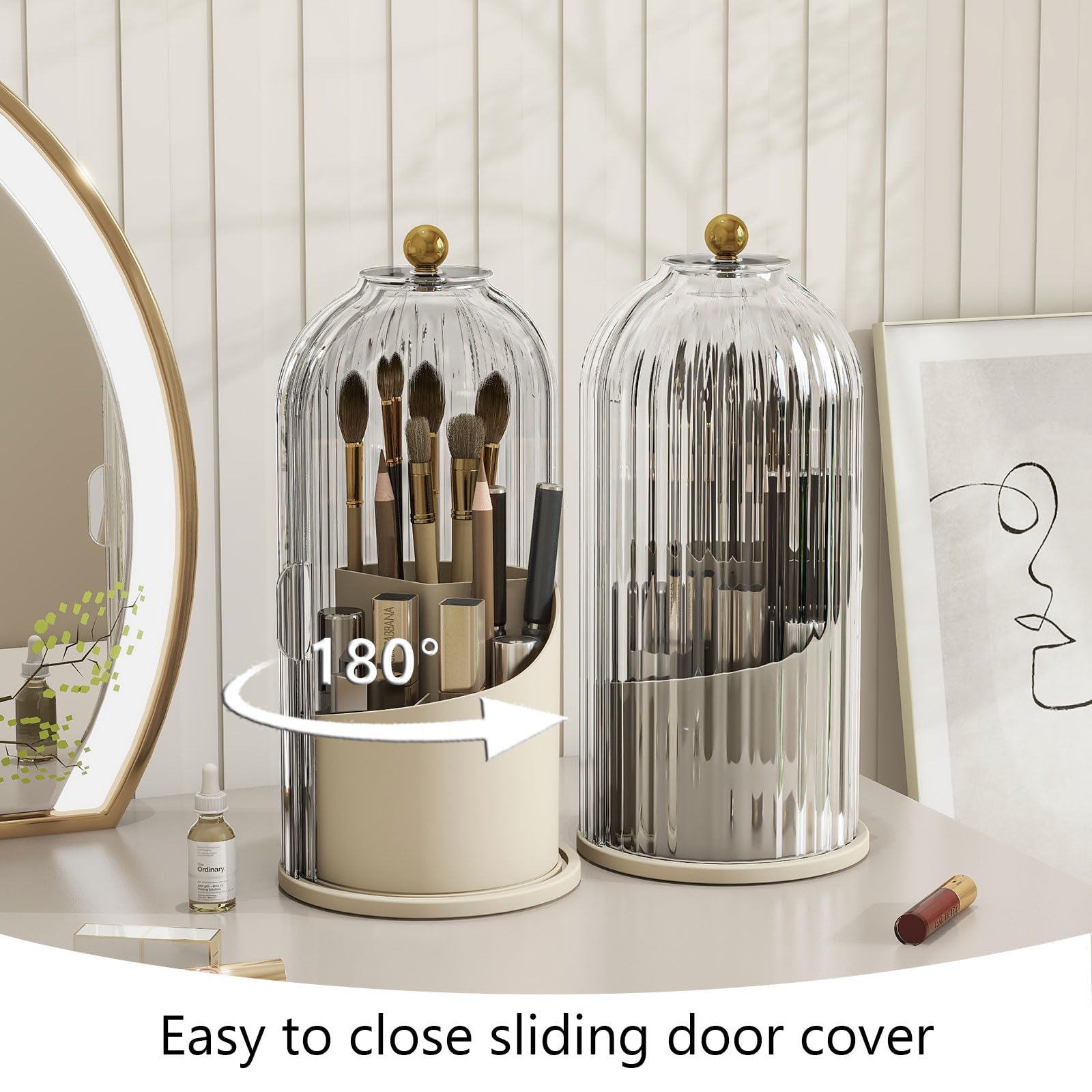 Emljkvp Makeup Brush Holder With Dustproof Cover 360 Rotating Makeup Brush Organizer For Vanity Bathroom, White/Beige