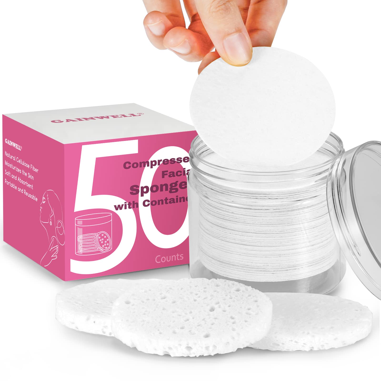 GAINWELL Compressed Facial Sponges, 50 Count, Reusable Makeup Remover, Portable, White