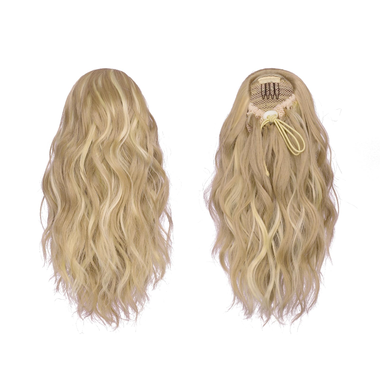 Feshfen Ponytail Extensions, Drawstring Ponytails Hair Extension Light Ash Brown & Bleach Blonde Short Curly Wavy Hair Piece Syn