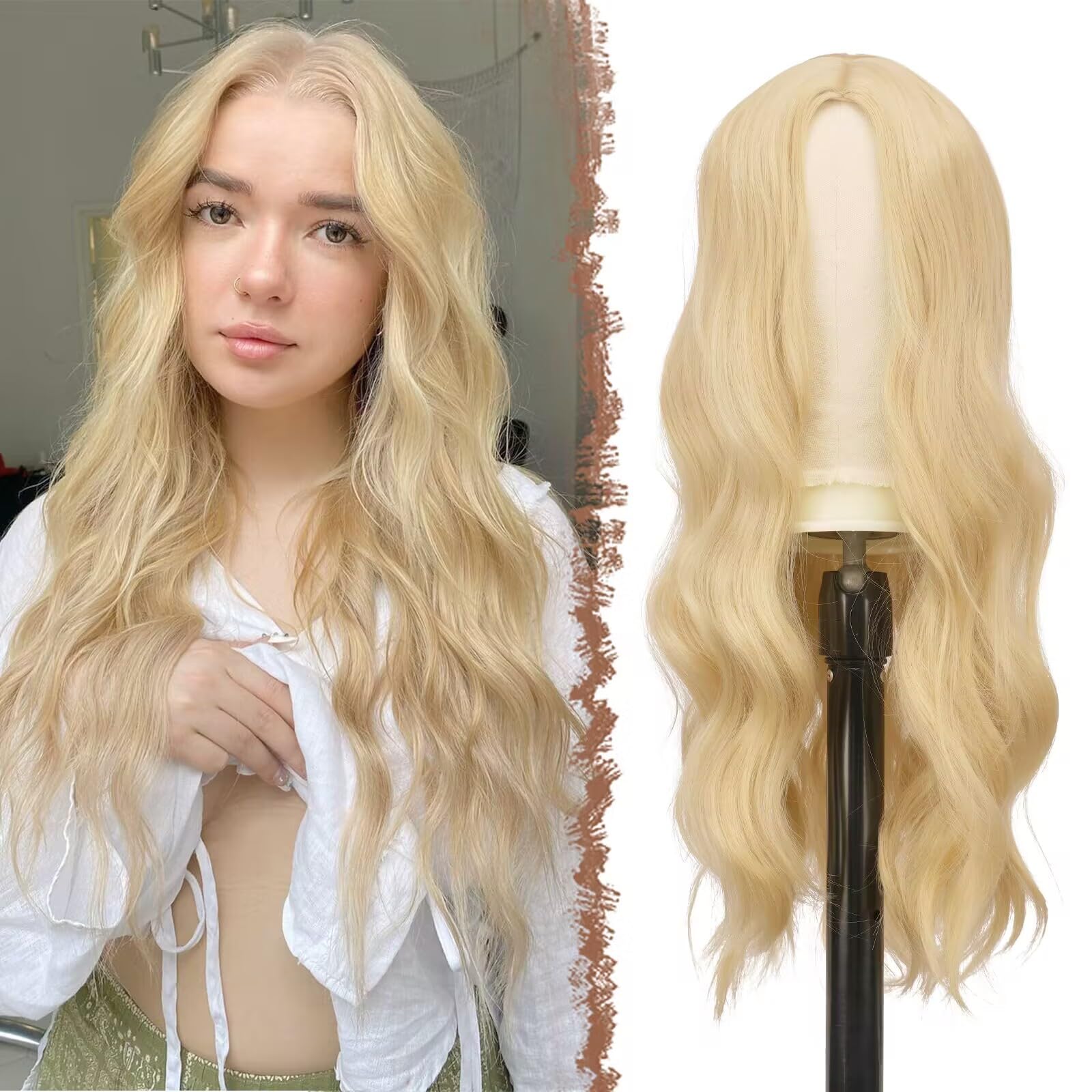 Feshfen Long Blonde Wigs For Women 22 Inch Blonde Long Wavy Full Wig Middle Parting Wigs Natural Looking Synthetic Wig For Daily