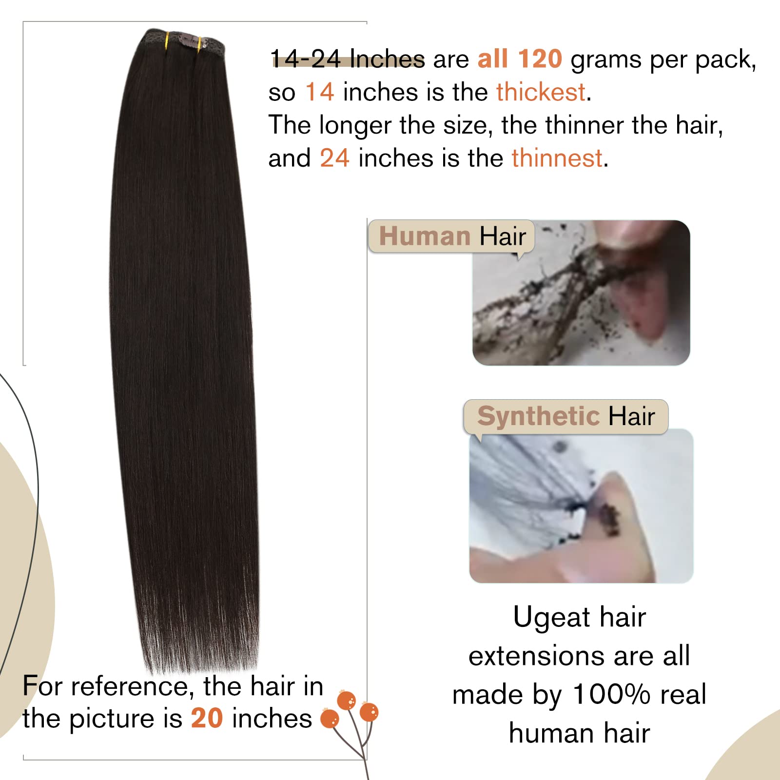Ugeat 16 Inch Clip In Extensions Human Hair #2 Darkest Brown Clip In Hair Extensions Real Human Hair Double Weft With Lace Clip