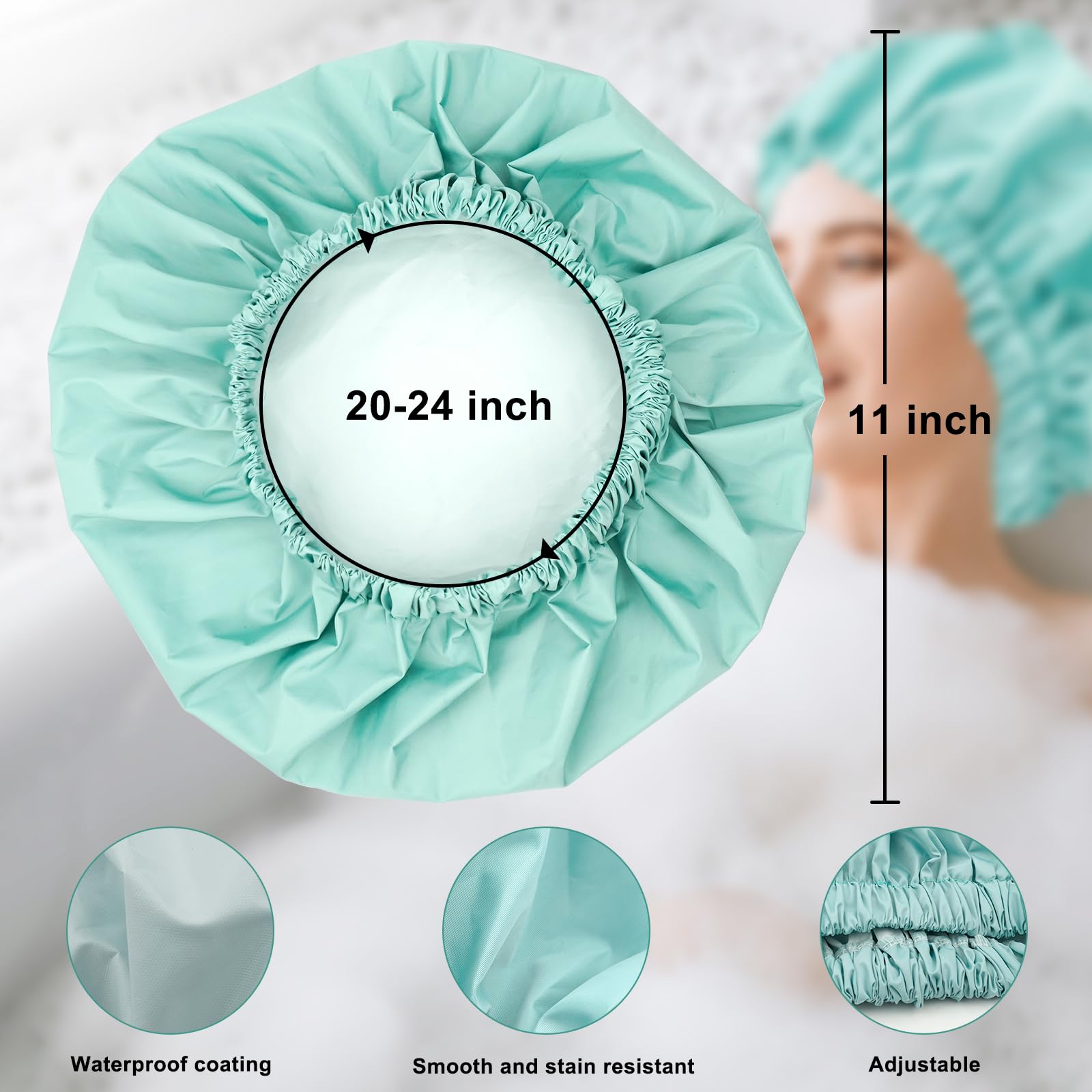 Reusable Shower Cap For Women, Large Waterproof Shower Bonnet Washable Elastic Band Bath Hair Hat For Long Hair, Braids(Mint Gre