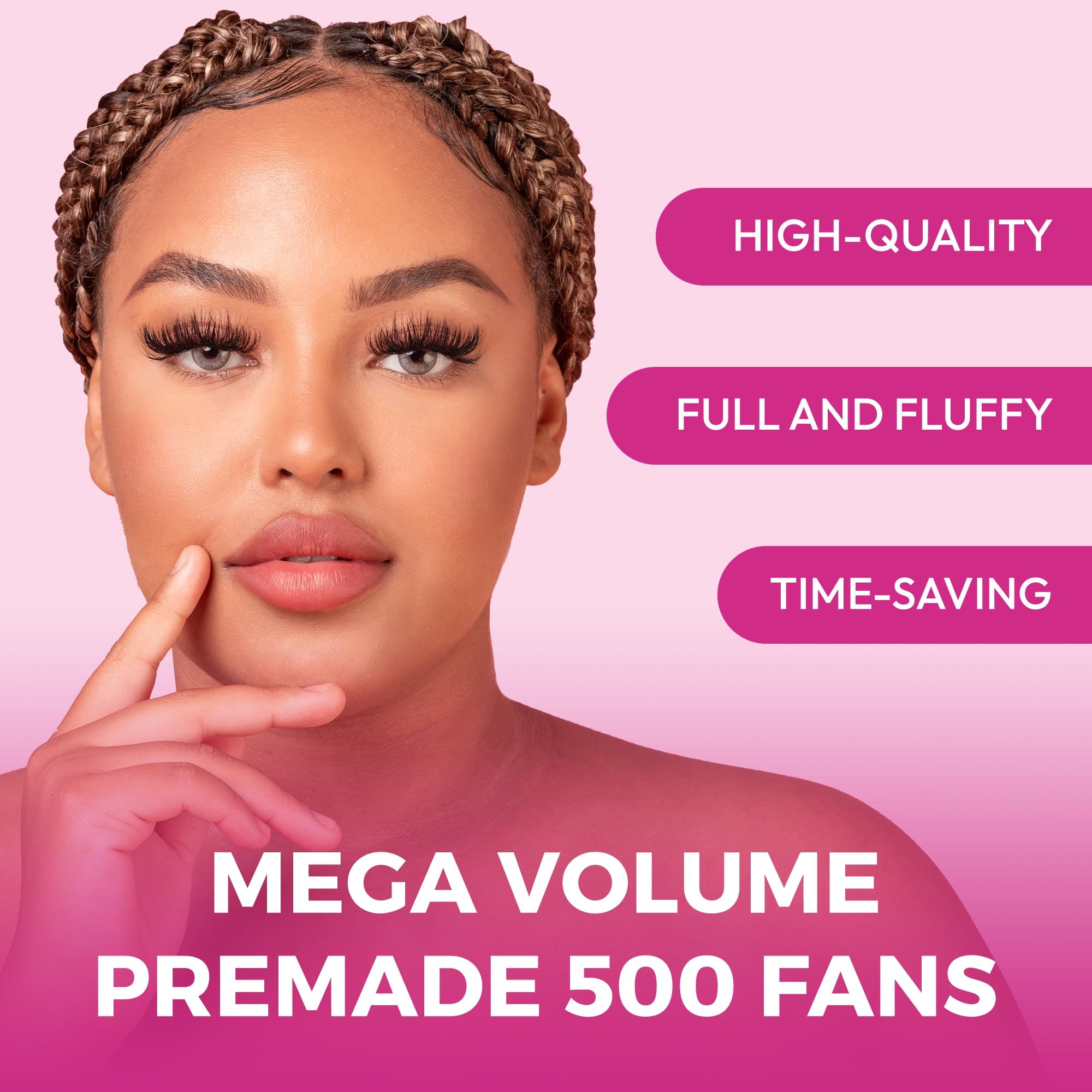 Eyesy Lash 500 Promade Fans - 10D 0.03 Size 12mm Curl C - Mega Volume Premade Lash Fans for Eyelash Extensions Middle Stem Handm