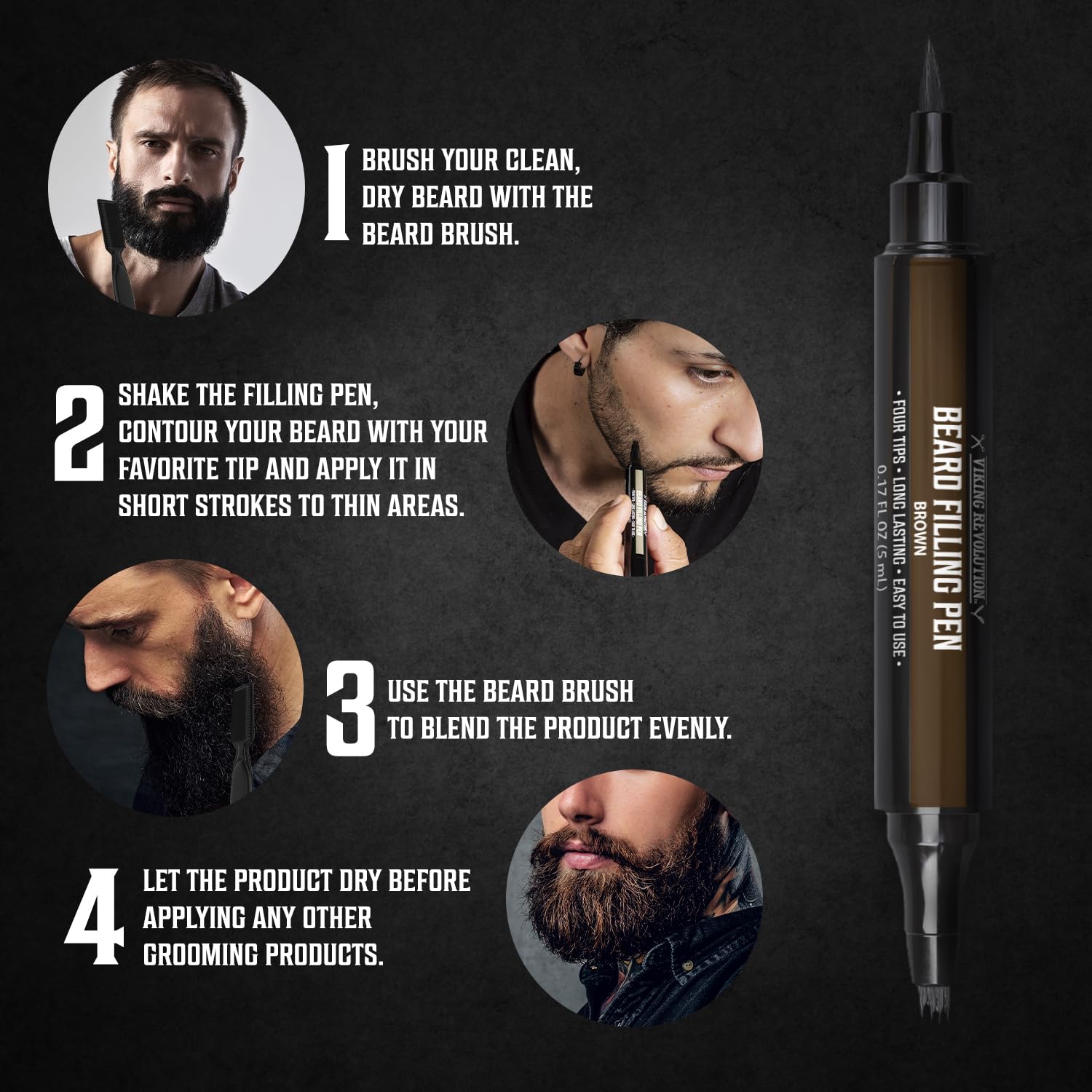 Viking Revolution Beard Pen (2 Pack) - Brown Beard Pencil Filler For Men Lapiz Para Barba De Hombre - Beard Filler For Men Water
