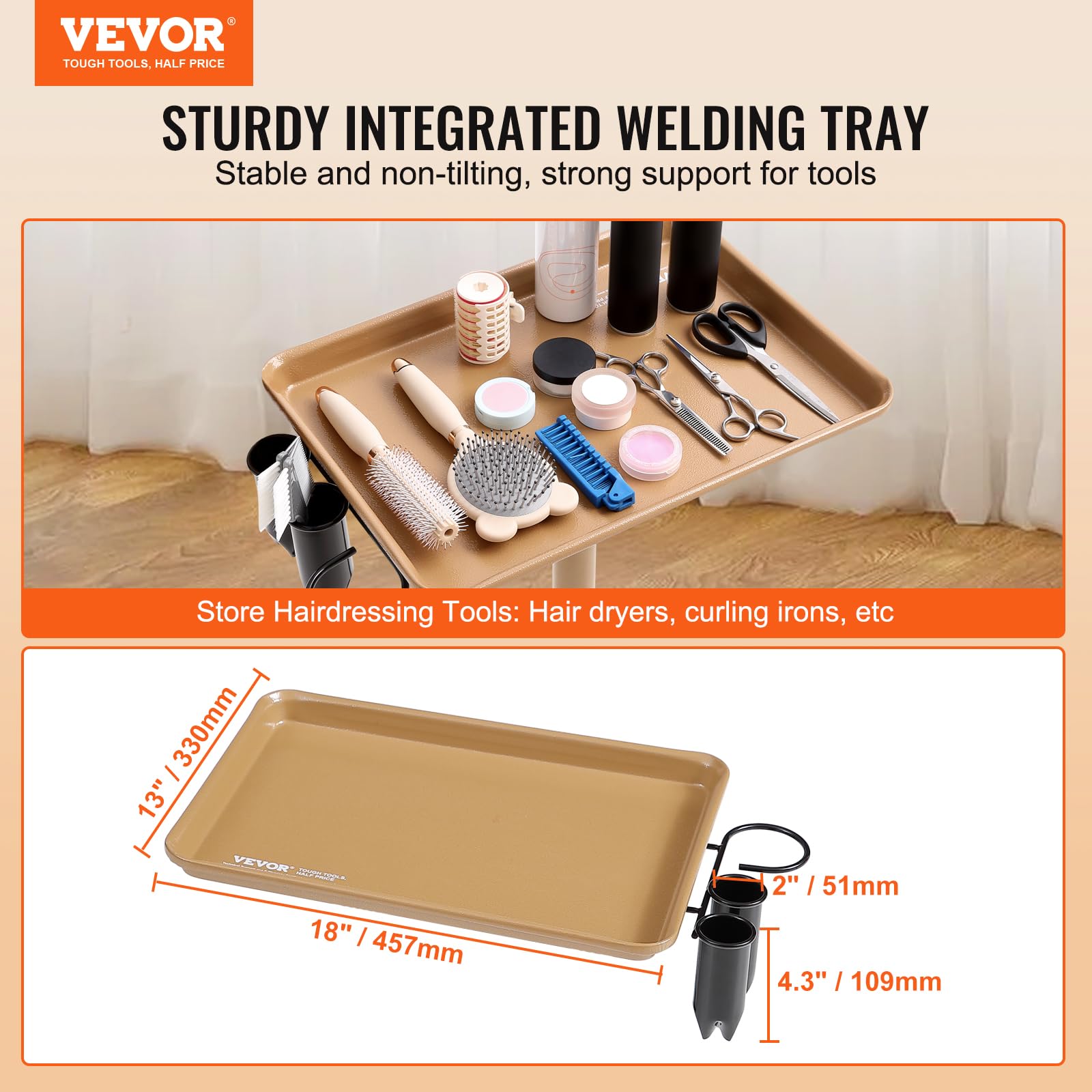 VEVOR Height Adjustable Rolling Salon Tray Cart, 30"-43", Gold & Black, Cold-Rolled Plate, 5 Wheels (2 Lockable), Model T-011J