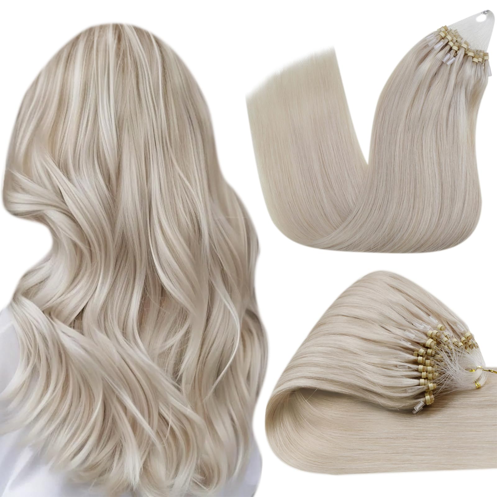 Hetto Micro Link Hair Extensions Human Hair Platinum Blonde Micro Bead Hair Extensions Real Human Hair Blonde Micro Ring Extensi
