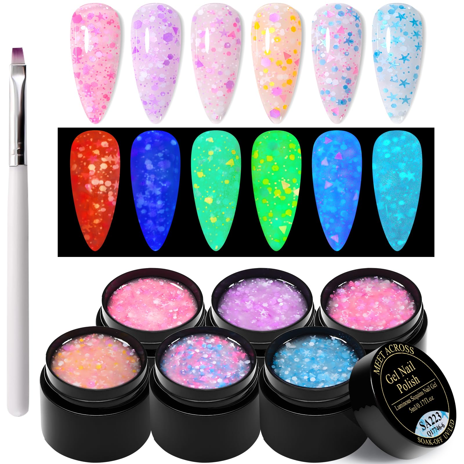 MEET ACROSS Glow in the Dark Gel Nail Polish, Luminous Nail Gel Polish Set with Nail Brush, Glow Effect Gel Nail Polish within D