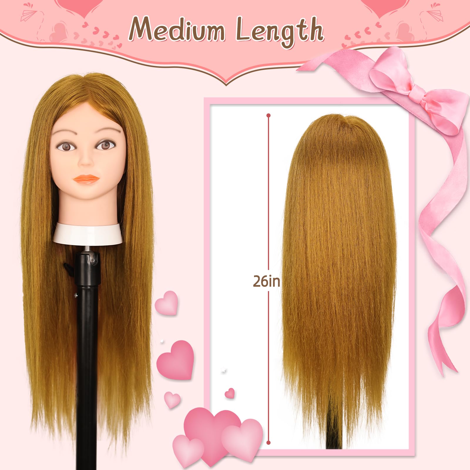 Yofuly Mannequin Head - 26" Light Brown Real Human Hair Training Head with Clamp & Tools for Cosmetology, Styling, Braiding, Cutting