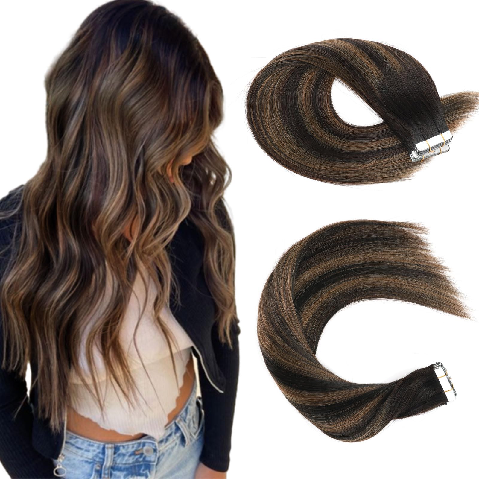 Sassina 14 Inch Invisible Double Sided Reusable Human Hair Tape In Extensions Dark Brown To Chestnut Brown Thick Skin Weft Remy