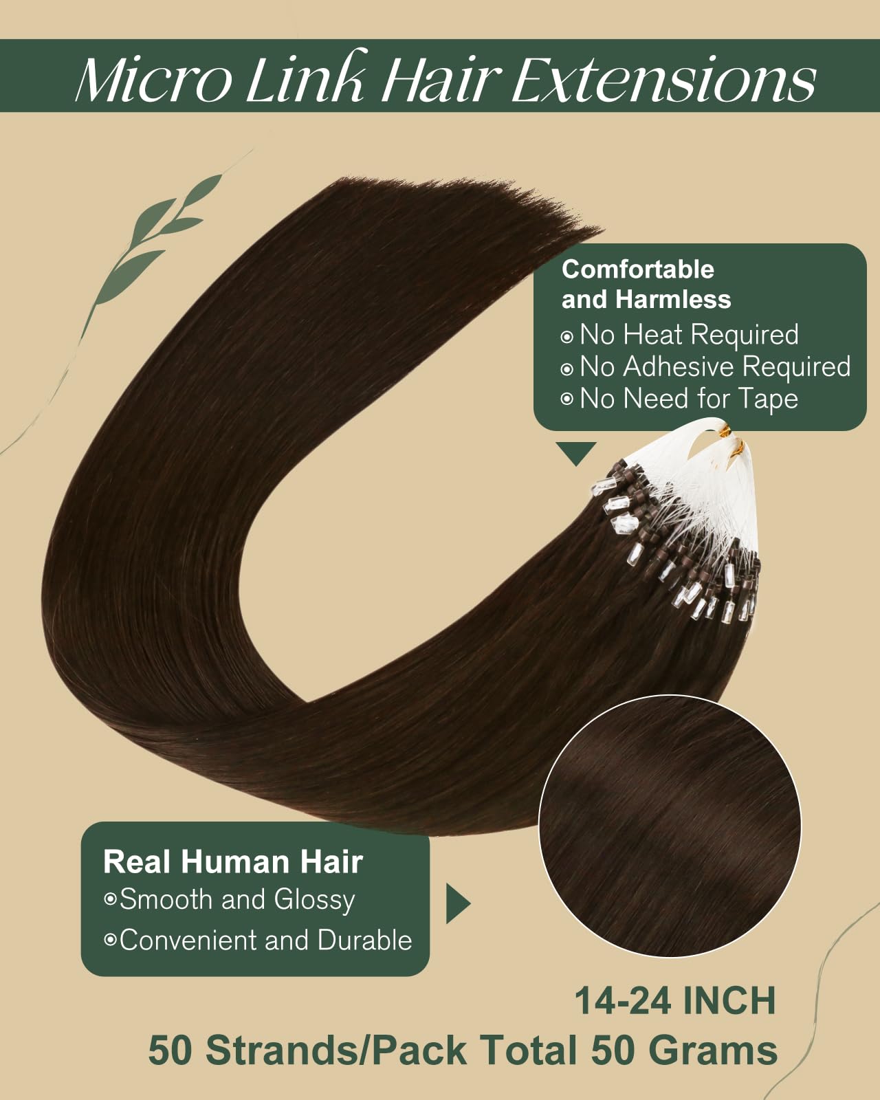 Ugeat Micro Loop Hair Extensions Real Human Hair Dark Brown Microbead Extensions Real Human Hair Silky Straight Micro Ring Human