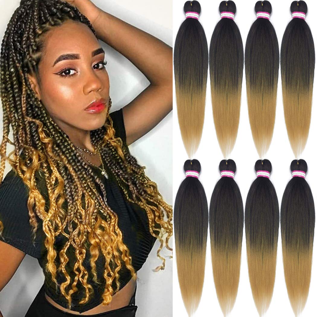 Pre-Stretched Braiding Hair Extension Ombre Natural Black Brown Professional Crochet Braiding Hair 24 Inch 8 Packs Hot Water Set