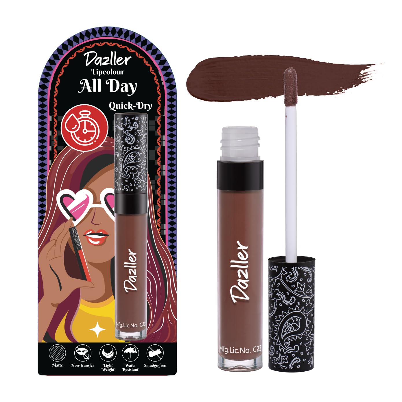 Dazller All Day Lipcolour| Quick Drymoisturizing Kokum Butter|Non-Transfer & Smudge-Proof|8Hr Stay|Liquid Lipstick For Women|Qdl