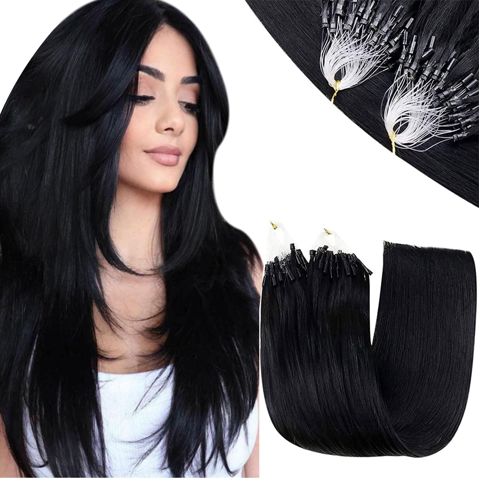 RUNATURE Black Micro Bead Hair Extensions Real Human Hair 22 Inch Micro Link Hair Extensions Human Hair Jet Black Microbead Hair