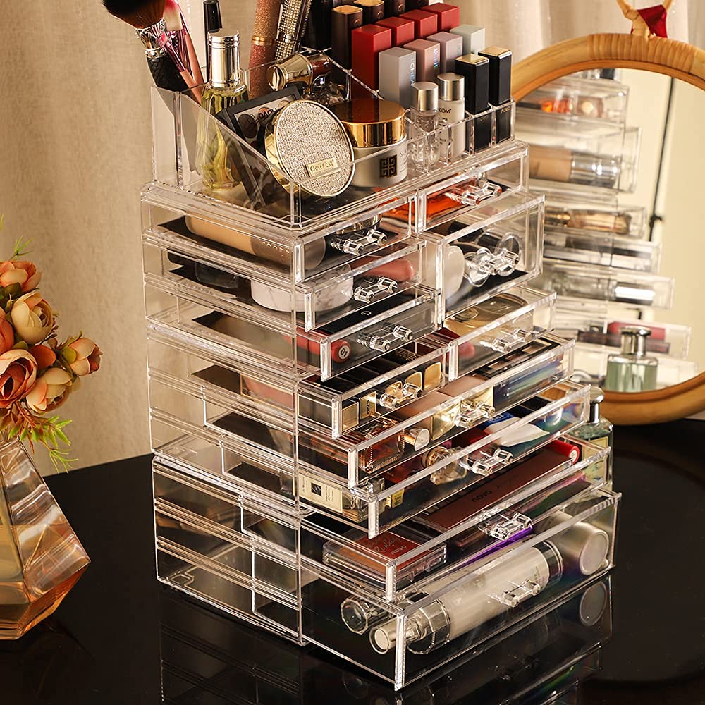 Cq Acrylic 4 Pack Clear Skincare Organizer For Vanity,Stackable 11 Drawers Make Up Organizer,Cute Cosmetic Organizer For Vanity