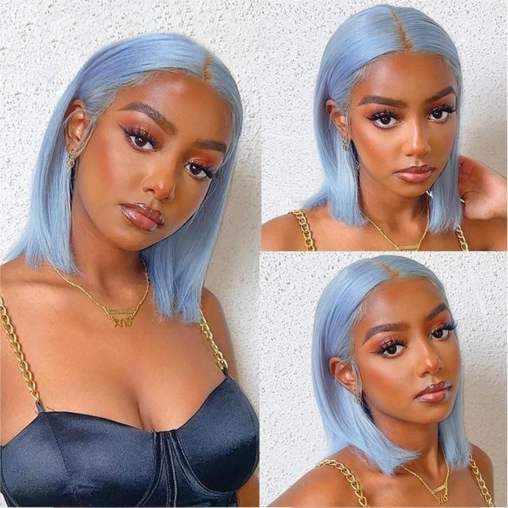 Hd Transparent 13X4 Straight Light Blue Bob Wig Human Hair Lace Frontal Wig Pre Plucked With Baby Hair Natural Hairline Cheap 10