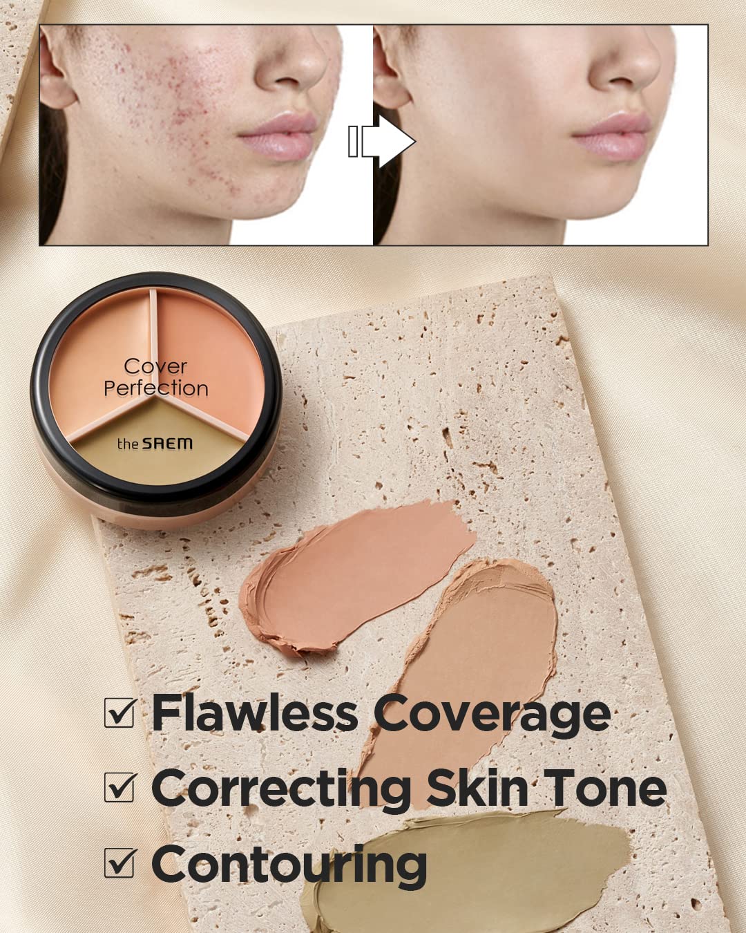 Thesaem Cover Perfection Triple Pot Concealer 01 Correct Beige + 02 Contour Beige - 3 Color Concealer For Medium & Natural Tone
