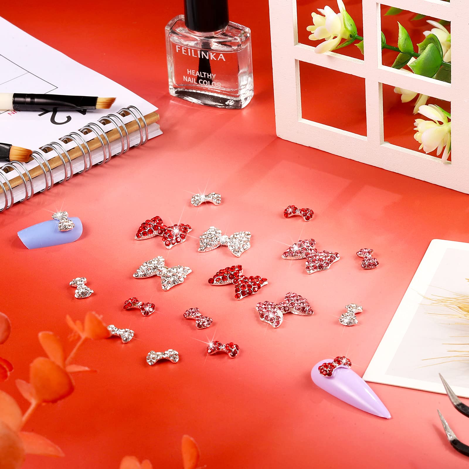 Maitys 24 Pieces Valentine'S Day Nail Bows Charms Rhinestones 3D Nail Charms Nail Art Charms Alloy Pearl Bowknot Nail Accessory