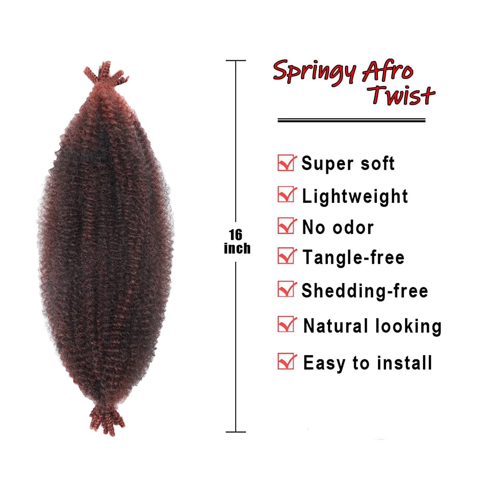 8 Packs Springy Afro Twist Hair T350# 16 Inch Pre-Separated Kinky Marley Twist Braiding Hair Soft Crochet For Distressed Faux Lo