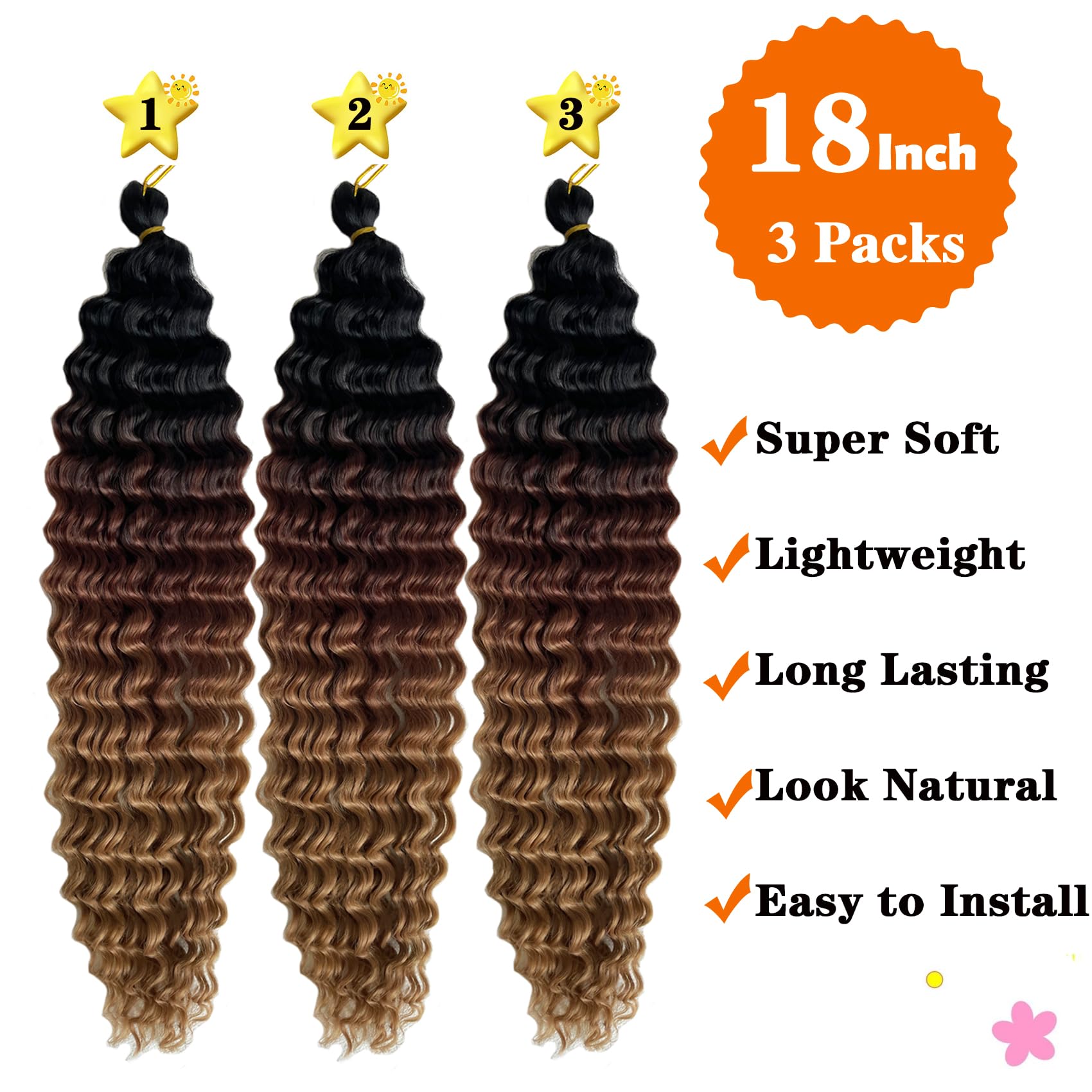 Paraglame Ocean Wave Crochet Hair Ombre Brown Curly Braiding Hair 18 Inch Deep Wave Braiding Hair For Bohemian Knotless Braids W