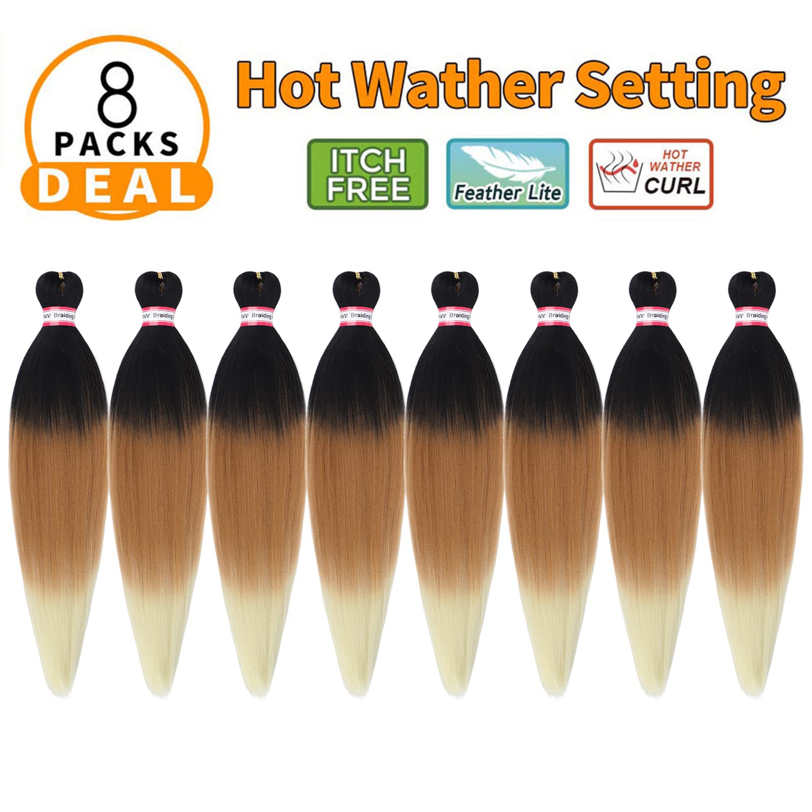 Pre Stretched Braiding Hair 8 Packs 20 Inch Ombre Braiding Hair Natural Easy Twist Braids Synthetic Crochet Hair Hot Water Setti