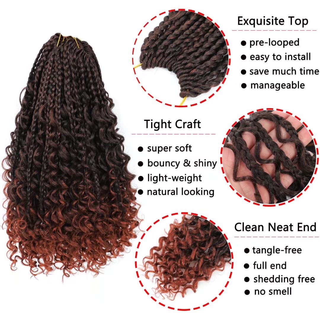 8 Packs Boho Box Braids Crochet Hair With Curly Ends 14 Inch Copper Red Box Braid Crochet Hair With Curly Ends Goddess Box Braid
