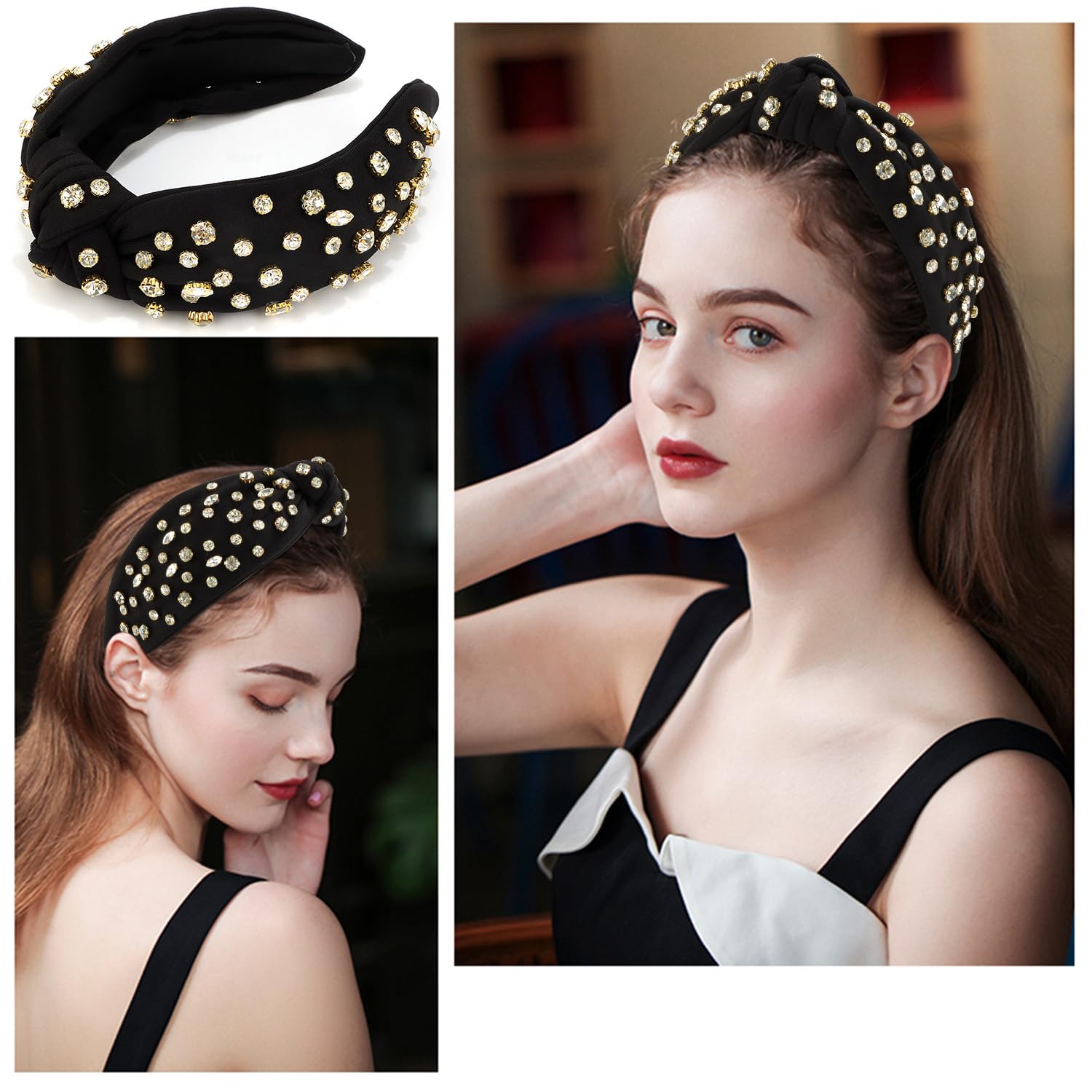 Atoden Wide Top Knot Headband, Black (Clear Rhinestones), Headband For Women'S Hair, Sparkly Embellished Headbands For Girls Gif