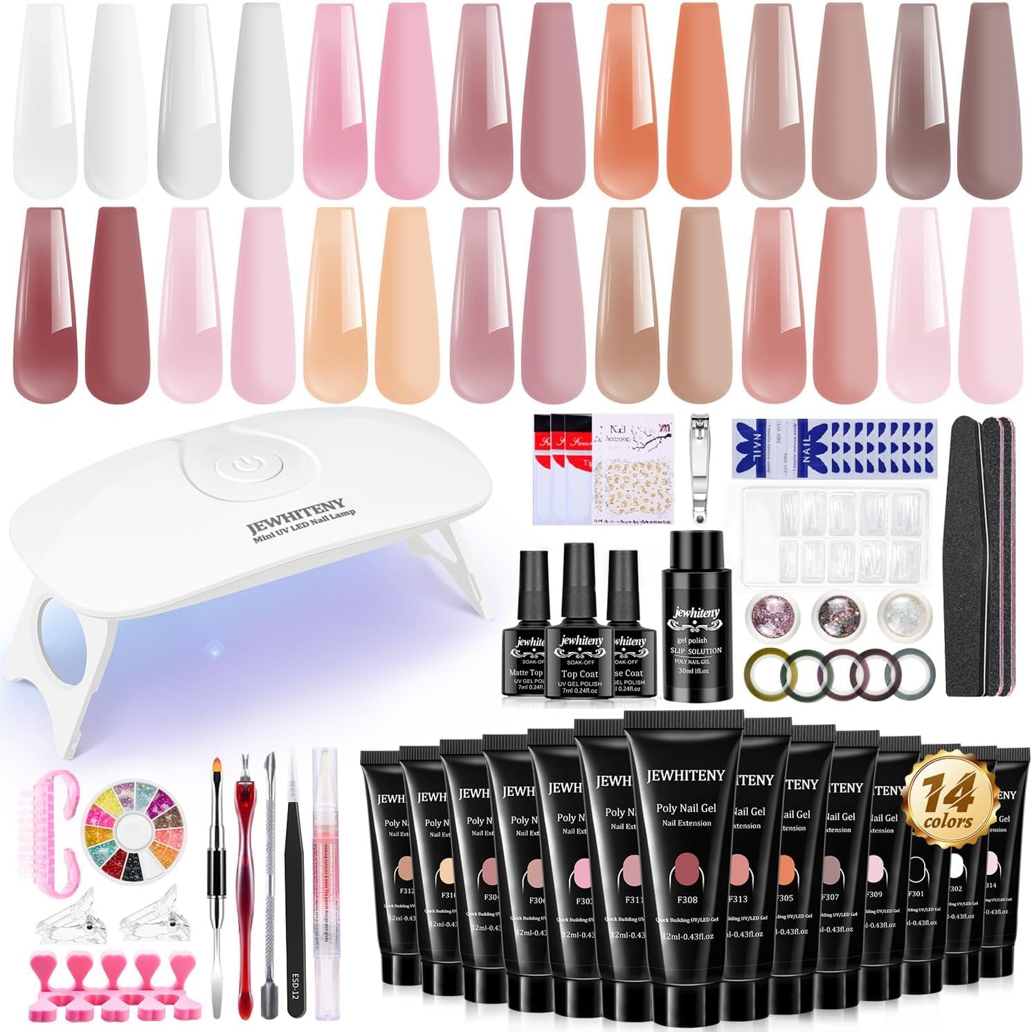 JEWHITENY Poly Extension Gel Nail Kit 14 PCS Poly Gel With Mini Nail Lamp Poly Nail Gel Kit with Slip Solution Basic Poly Gel Na
