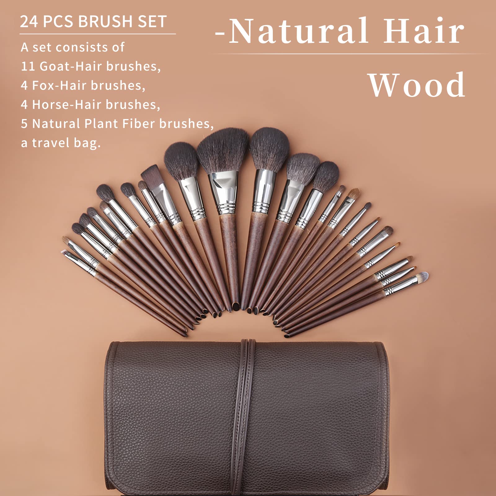 ENZO KEN Deluxe Goat Hair Makeup Brush Set - 24pcs Full Set with Case, Natural Bristle, Professional Quality