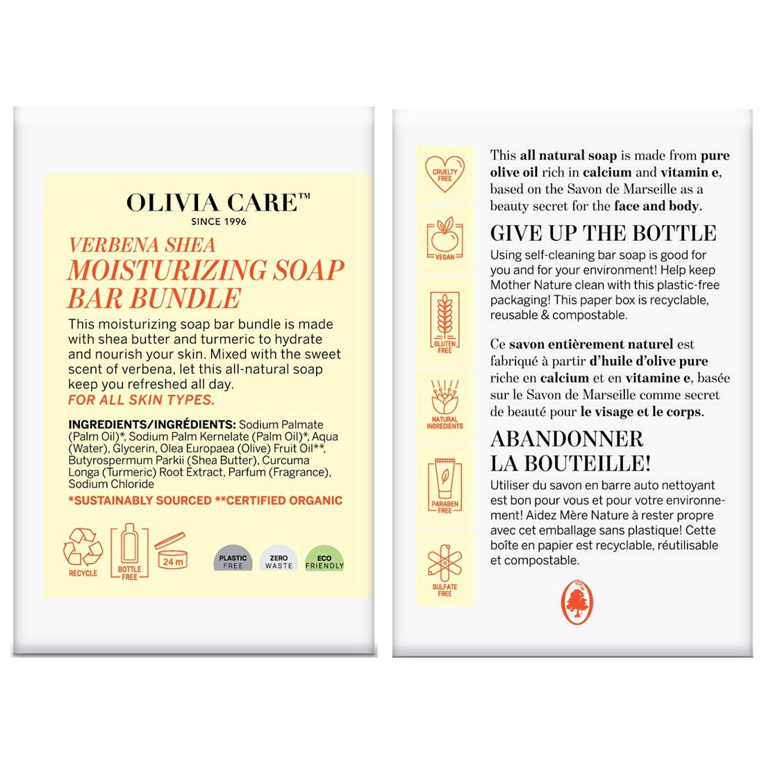 Olivia Care Moisturizing Bar Soap Pack By 100% Natural & Organic Infused With Verbena, Shea Butter & Turmeric Deep Clean, Refres