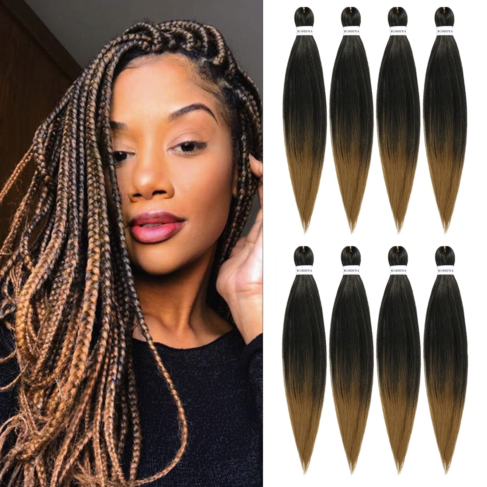 Rosdina Pre-Stretched Braiding Hair - 20 Inch 8 Packs Ombre Blonde Longt Braiding Hair For Twist Or Box Braids, Yaki Texture Hot