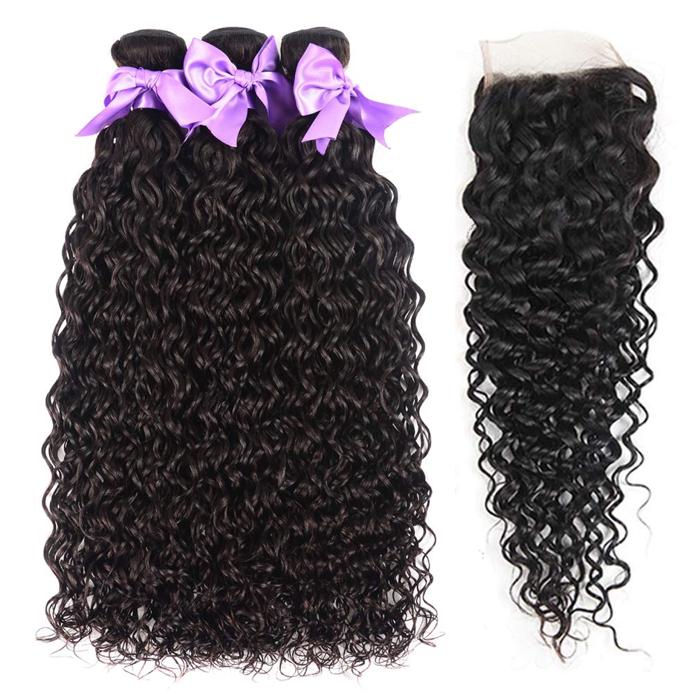 Water Wave Bundles And Closure (24 26 28+20) Brazilian Virgin Hair Water Wave 3 Bundles With Closure Free Part Wet And Wavy Hair
