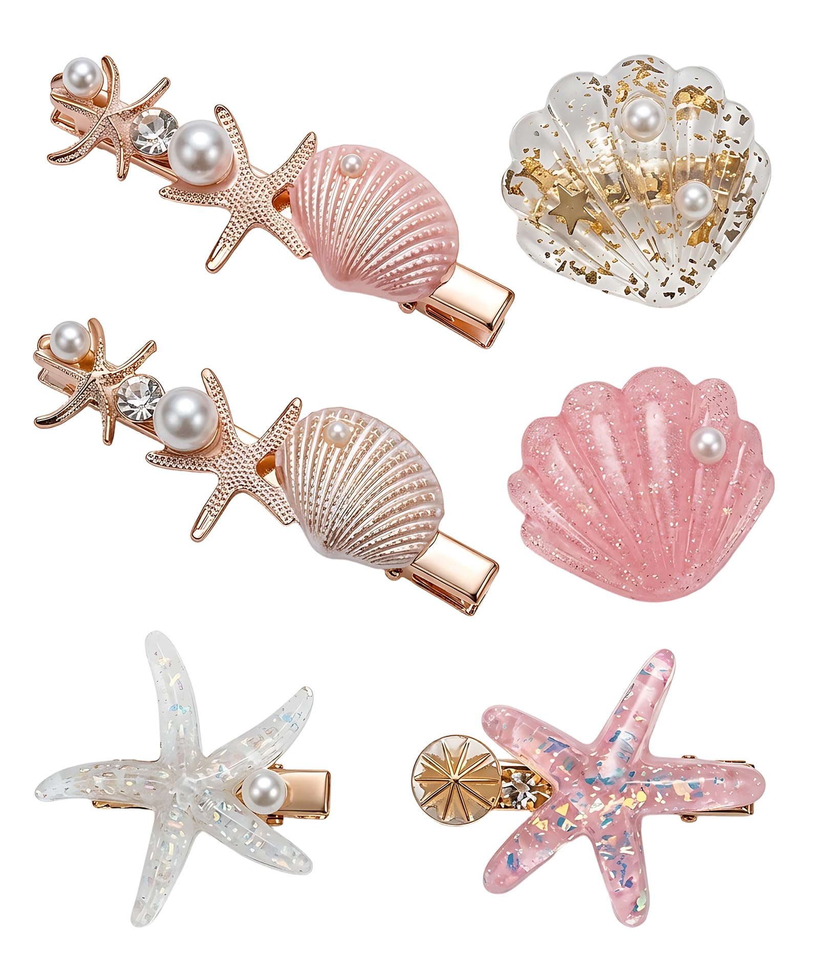 6Pcs Beach Hair Accessories For Women, Pink Seashell Starfish Hair Clips Set Of Six, Ocean Inspired Hair Charms For Beach Outing