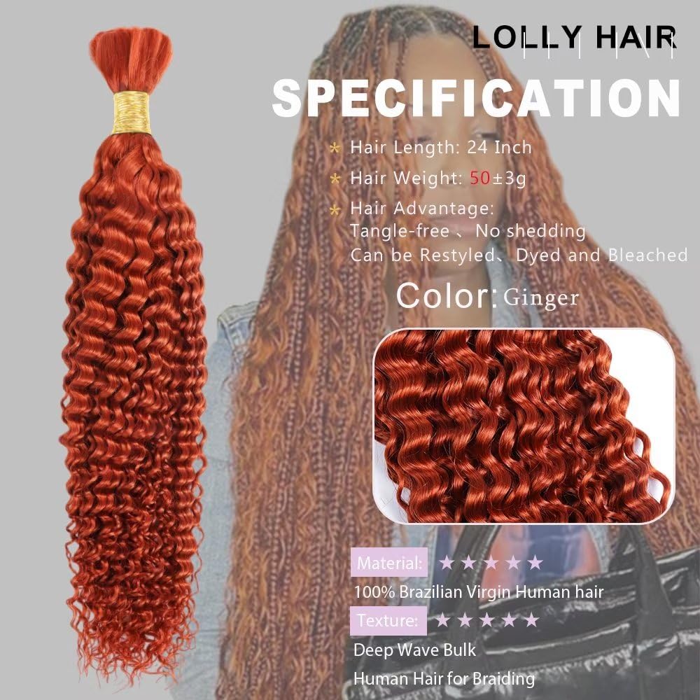 Human Braiding Hair 1 Bundle 50G 24 Inch Deep Water Wave Bulk Human Hair For Braiding No Weft 10A Brazilian Virgin Curly Human H