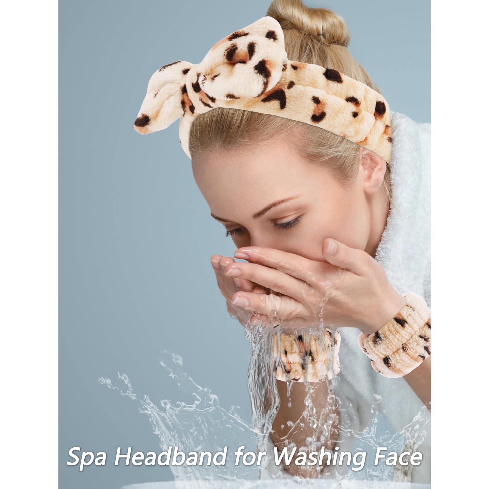 Velscrun 5 Pcs Brown Leopard Puffy Sponge Spa Headband Bow Tie Hair Band Hair Clips Wristband Set, Spa Headbands For Wash Face,
