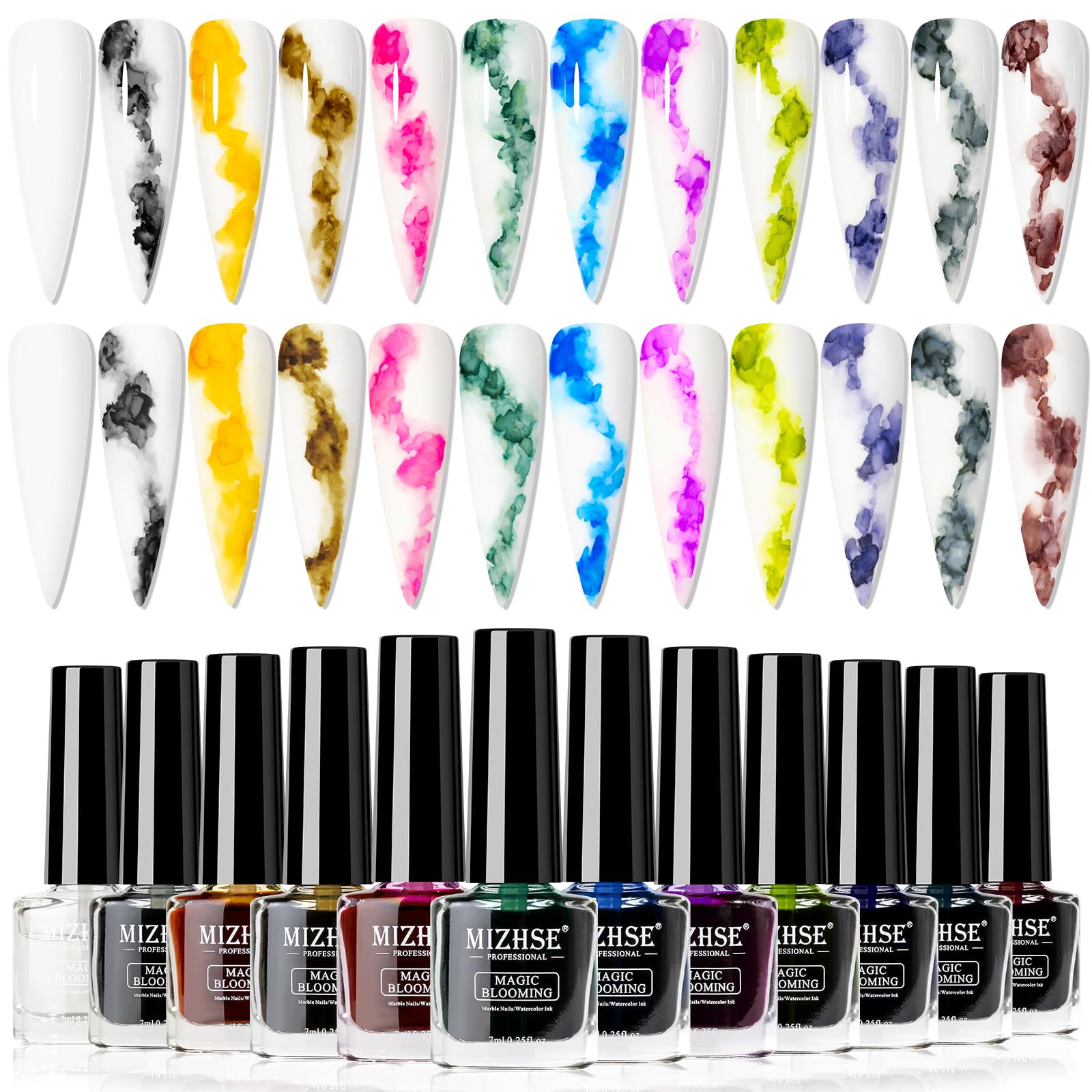 Mizhse Marble Nail Polish, Marble Ink For Nails Gel Blooming Gel Nail Polish 12 Colors Nail Ink Magic Watercolor Pink Blue Purpl