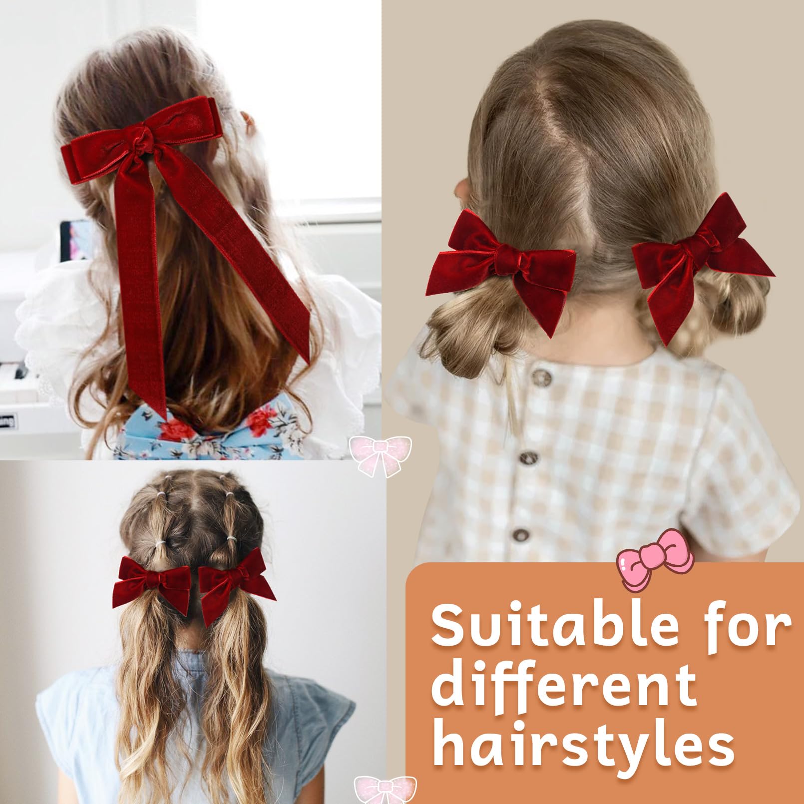 3Pcs Velvet Hair Bow Red Hair Ribbon Clips For Women Girls Fall Alligator Hair Clips Hair Accessories Toddlers Kids Teens