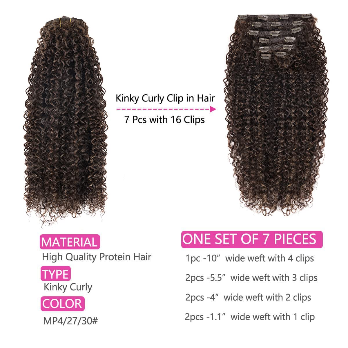 Bhf 26 Inch Kinky Curly Clip In Hair Extension, Double Weft Full Head Japanese Heat Resistance Fiber 140G Synthetic Hair Extensi