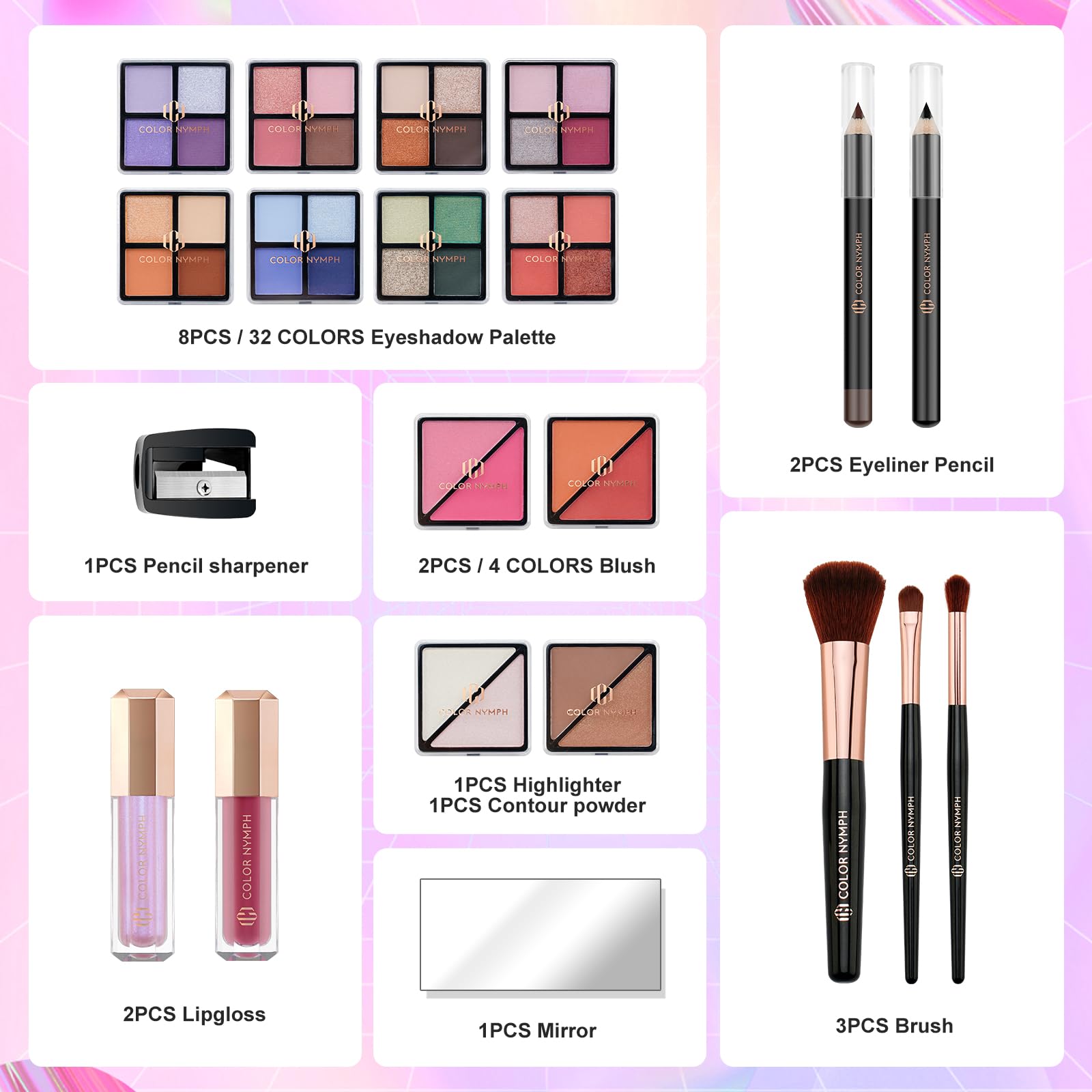 Color Nymph Beginners Makeup Kit With Train Case For Teenagers Girls, Full Starter Cosmetics Set Included 32 Colors Eyeshadow, B