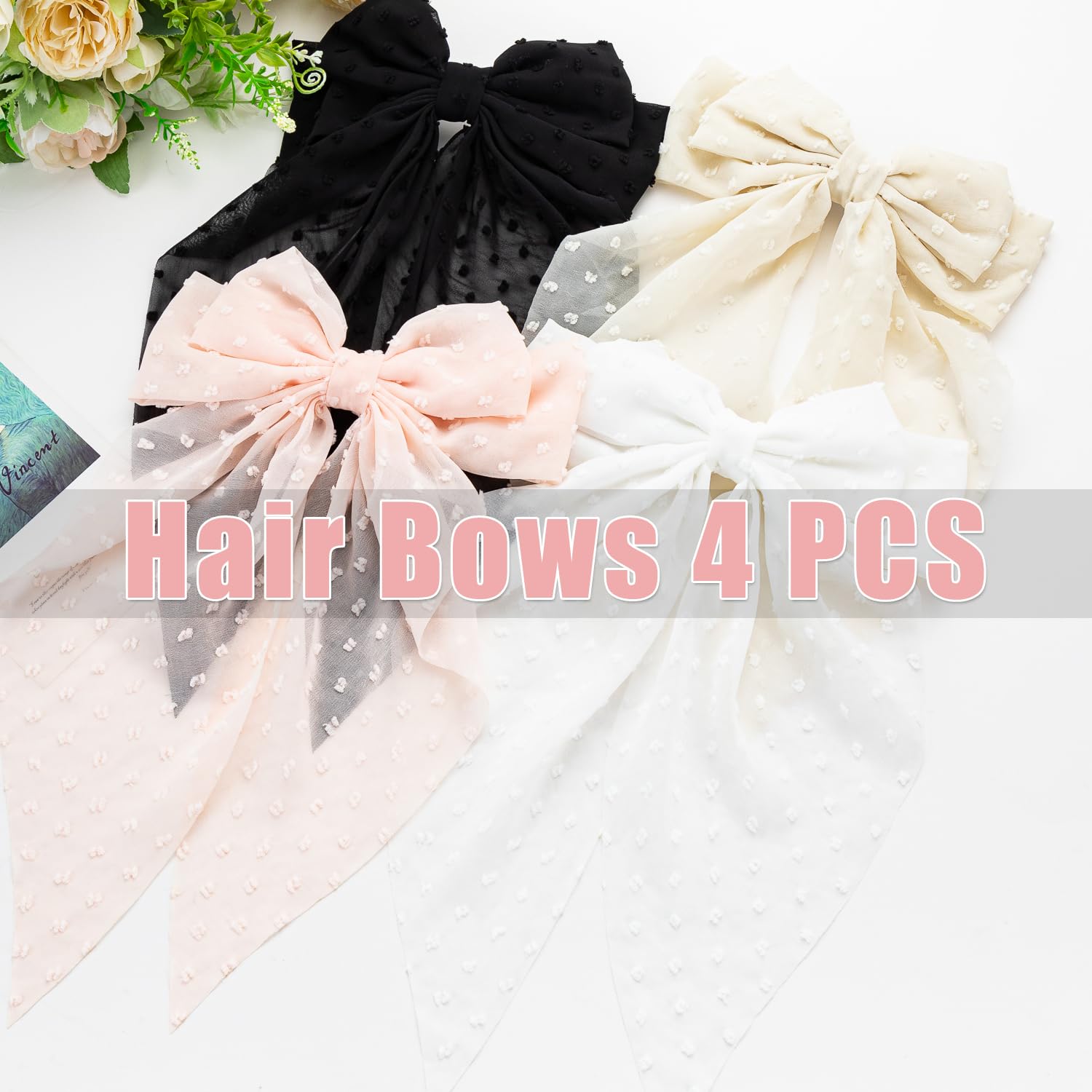 Seneeel Large Hair Bows 4 Pcs - Cute Oversized Ribbon Bows For Women In Beige, Light Pink, White, Black - Hair Barrettes For Dif