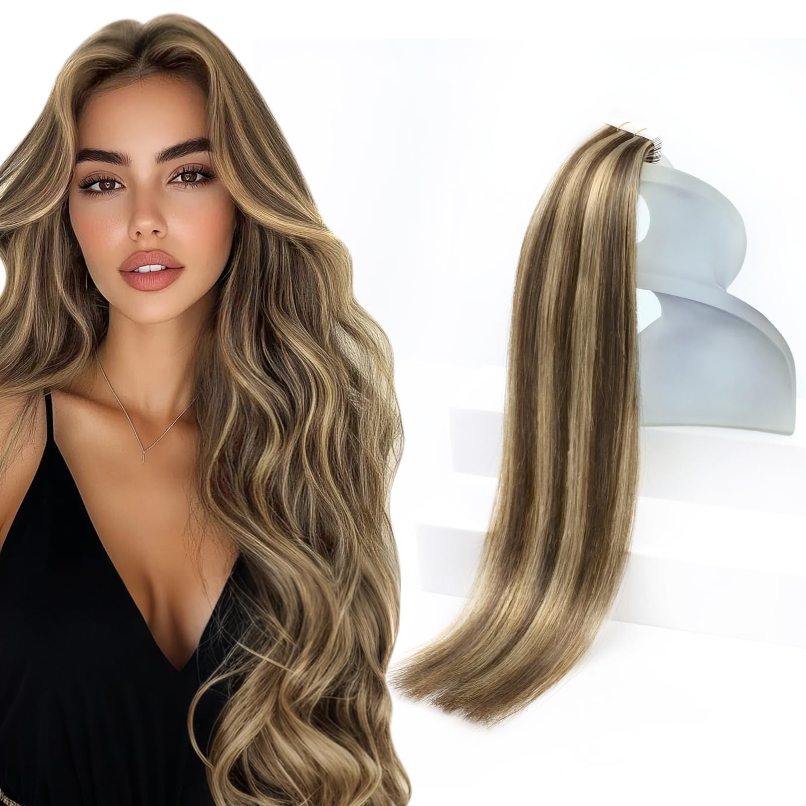 Sunny Hair Tape in Hair Extensions Real Human Hair Invisible Remy Hair Extensions Tape ins for Women Dark Brown Highlight Carame