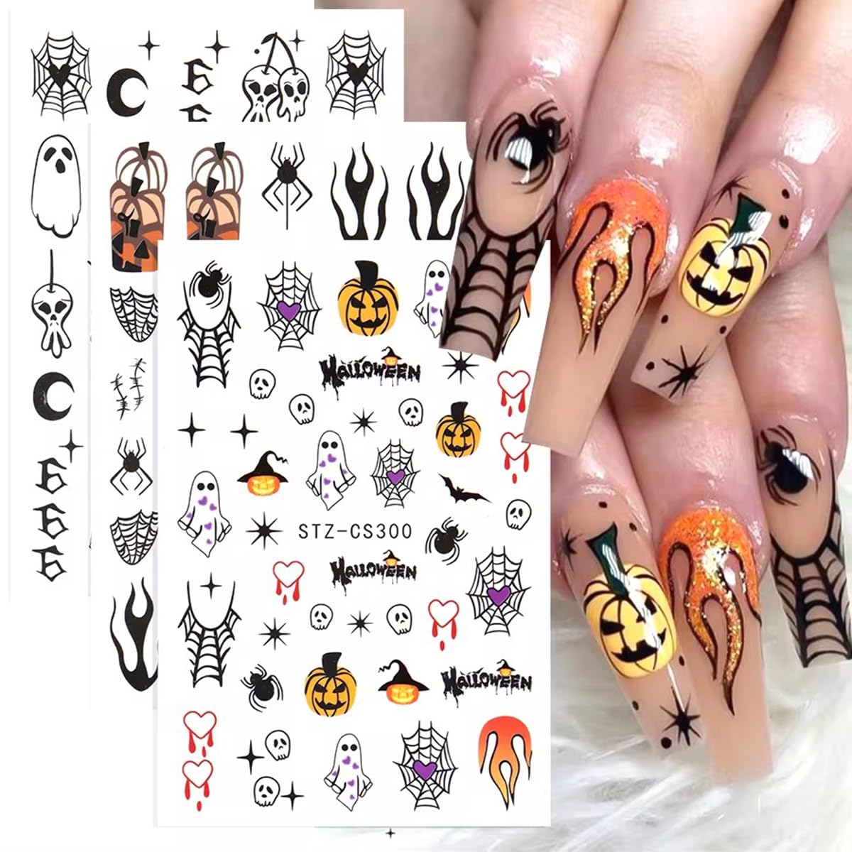 3D Halloween Nail Stickers For Nail Art, 6Pcs Spider Web Ghost Pumpkin Halloween Design Nail Decals Blood Spider Skull Nail Adhe