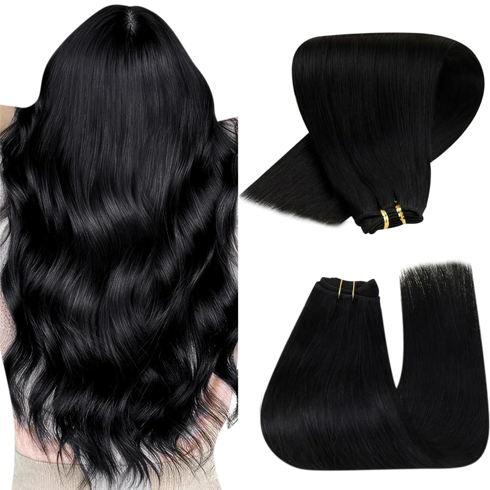 Hetto Sew in Hair Extensions Real Human Hair Jet Black Weft Hair Extensions Human Hair Black Hair Sew in Bundles Human Hair Blac