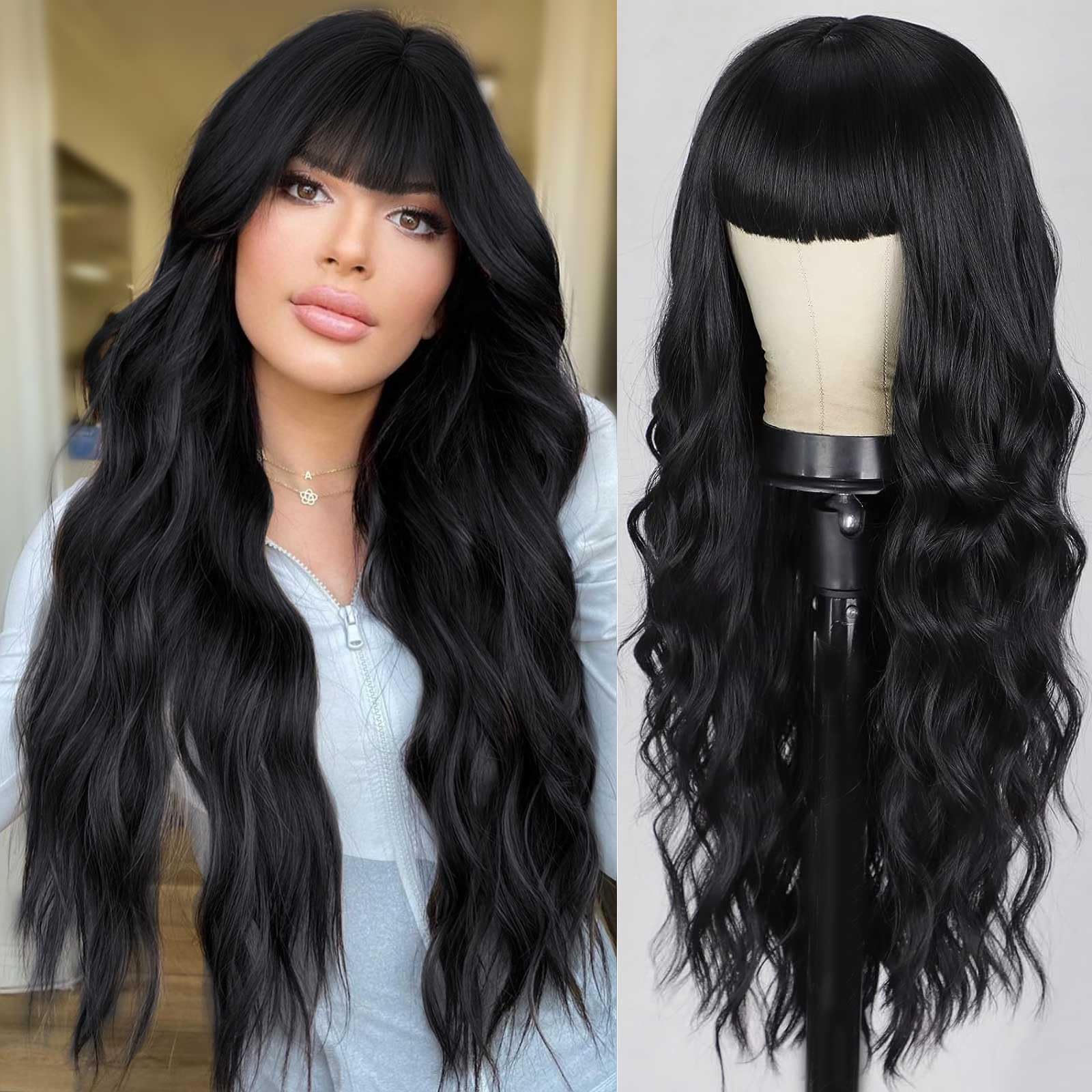 Lativ Black Wig with Bangs Long Wavy Wig for Women Synthetic Curly Natural Black Wigs Hair Replacement Wigs for Girls Daily Part