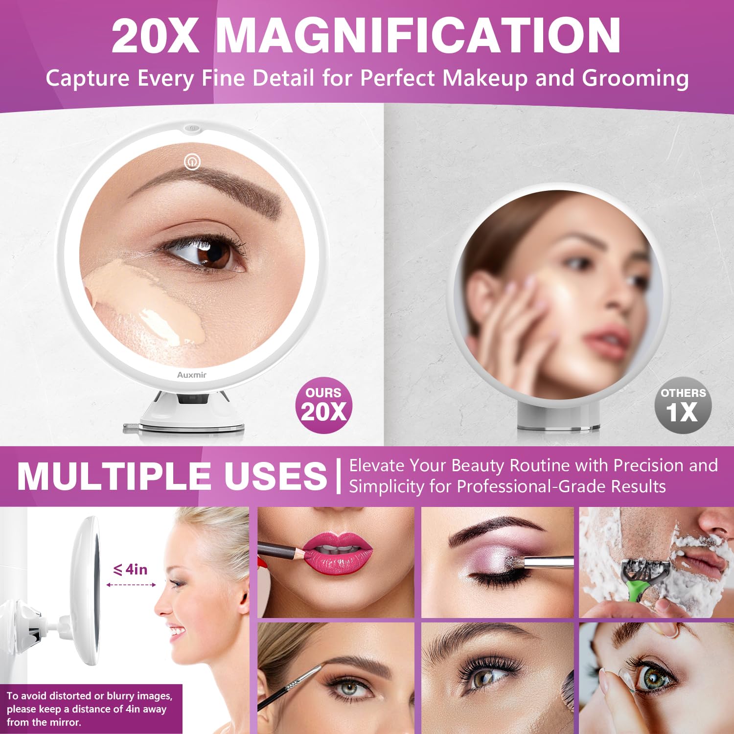 2025 Upgraded 20X Magnifying Lighted Makeup Mirror, 8'' Vanity Mirror With Power Suction Cup And Tweezers, 360 Swivel, Portable